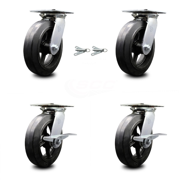 8 Inch Rubber on Steel Swivel Caster Swivel Locks 2 Brakes, 2PK